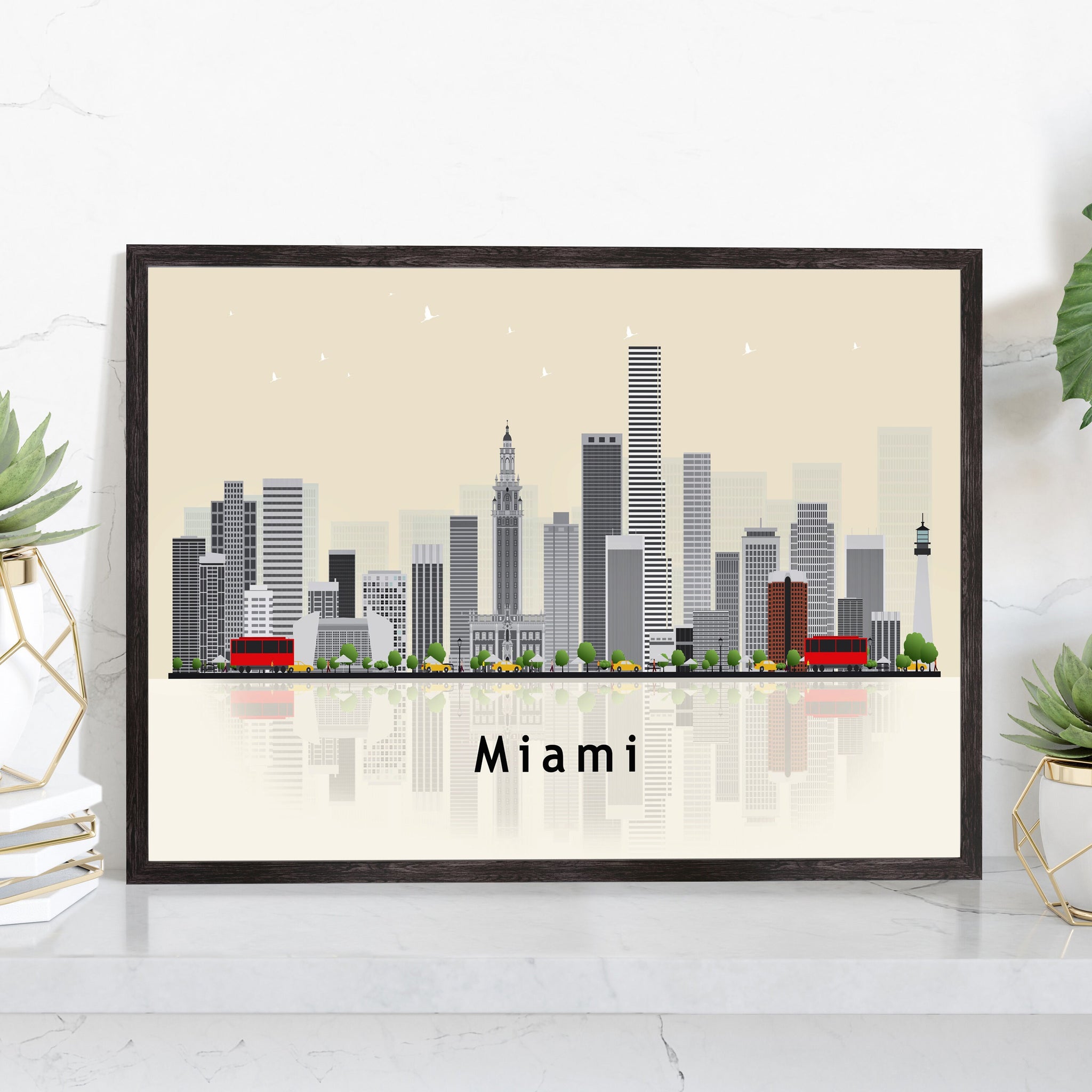 MIAMI FLORIDA Illustration skyline poster, Florida state modern skyline cityscape poster print, Landmark home wall art decoration poster