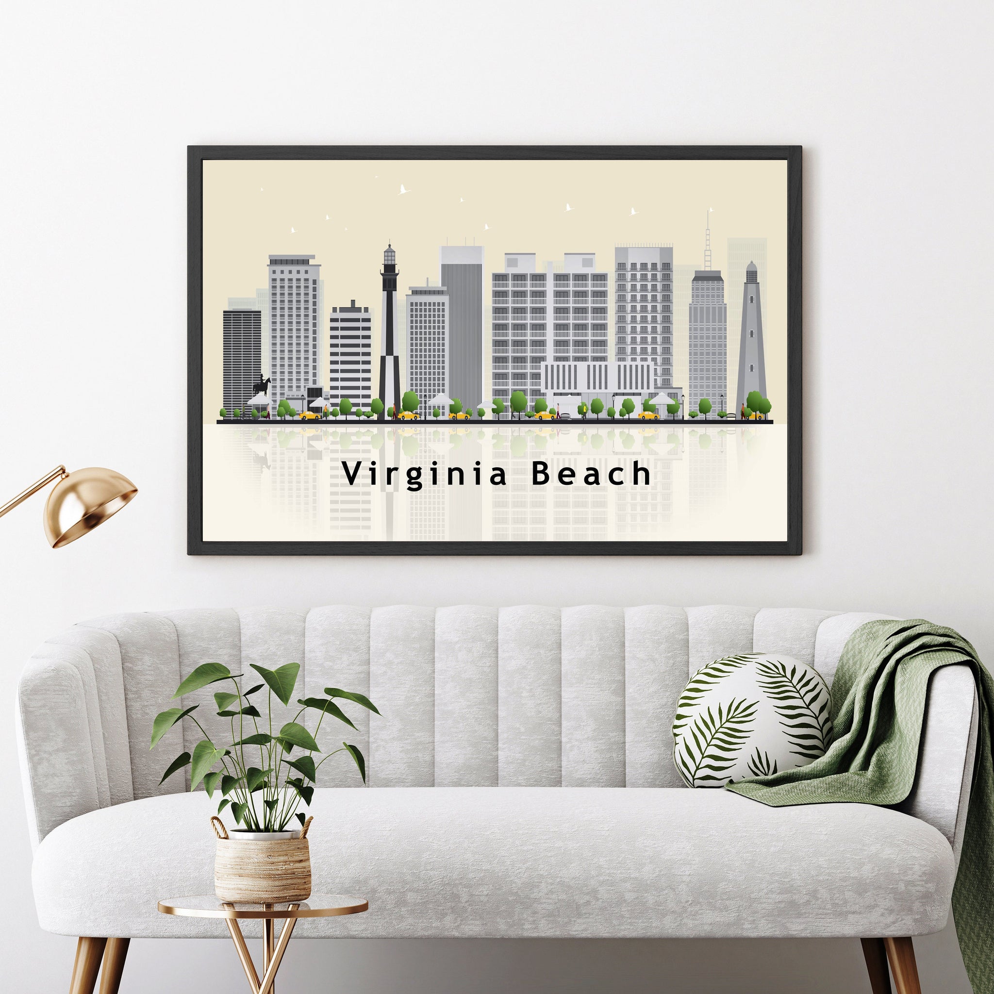 VIRGINIA BEACH Illustration skyline poster, Virginia state modern skyline cityscape poster print, Landmark map poster, Home wall art