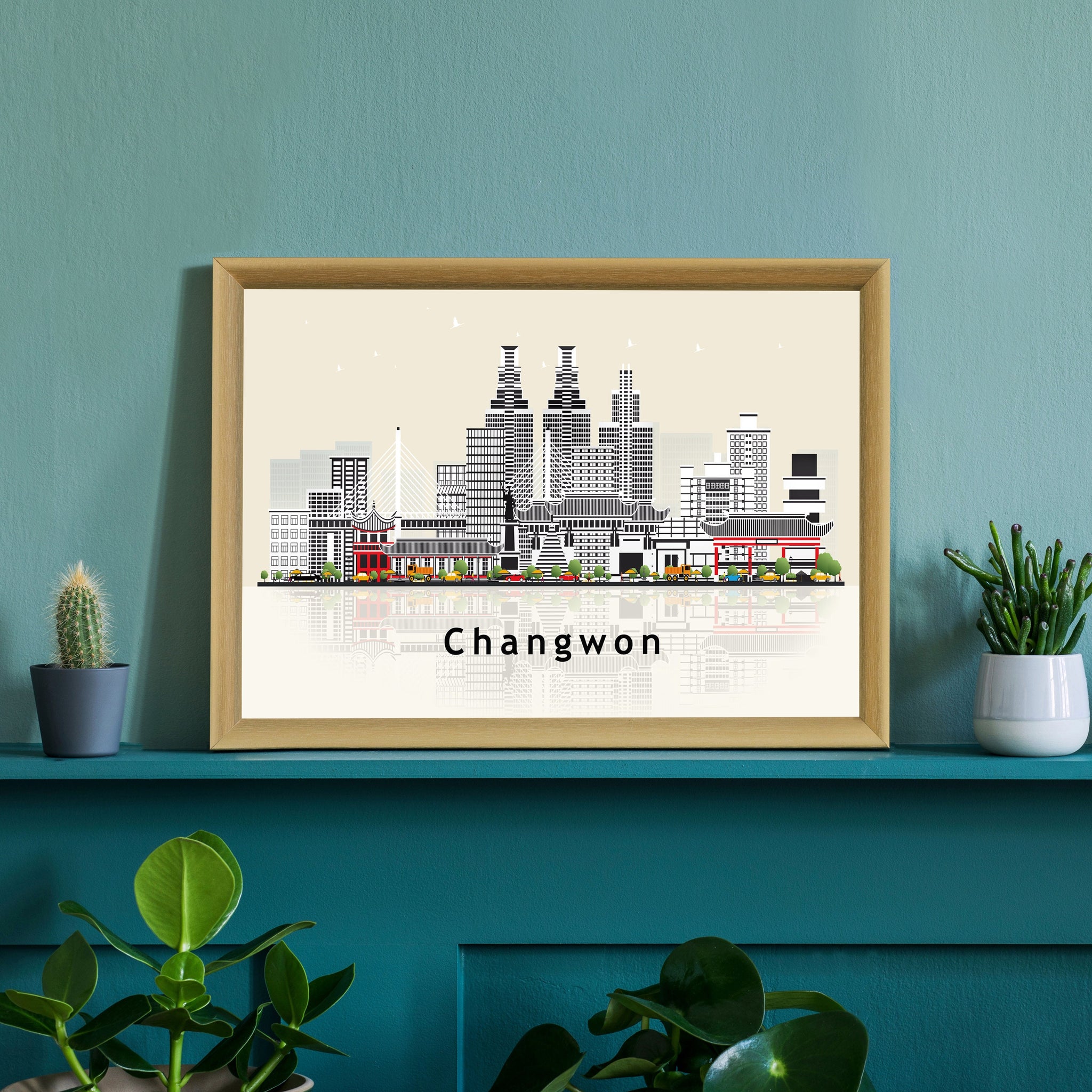 CHANGWON CHINA Illustration skyline poster, Modern skyline cityscape poster, China city skyline landmark map poster, Home wall decoration