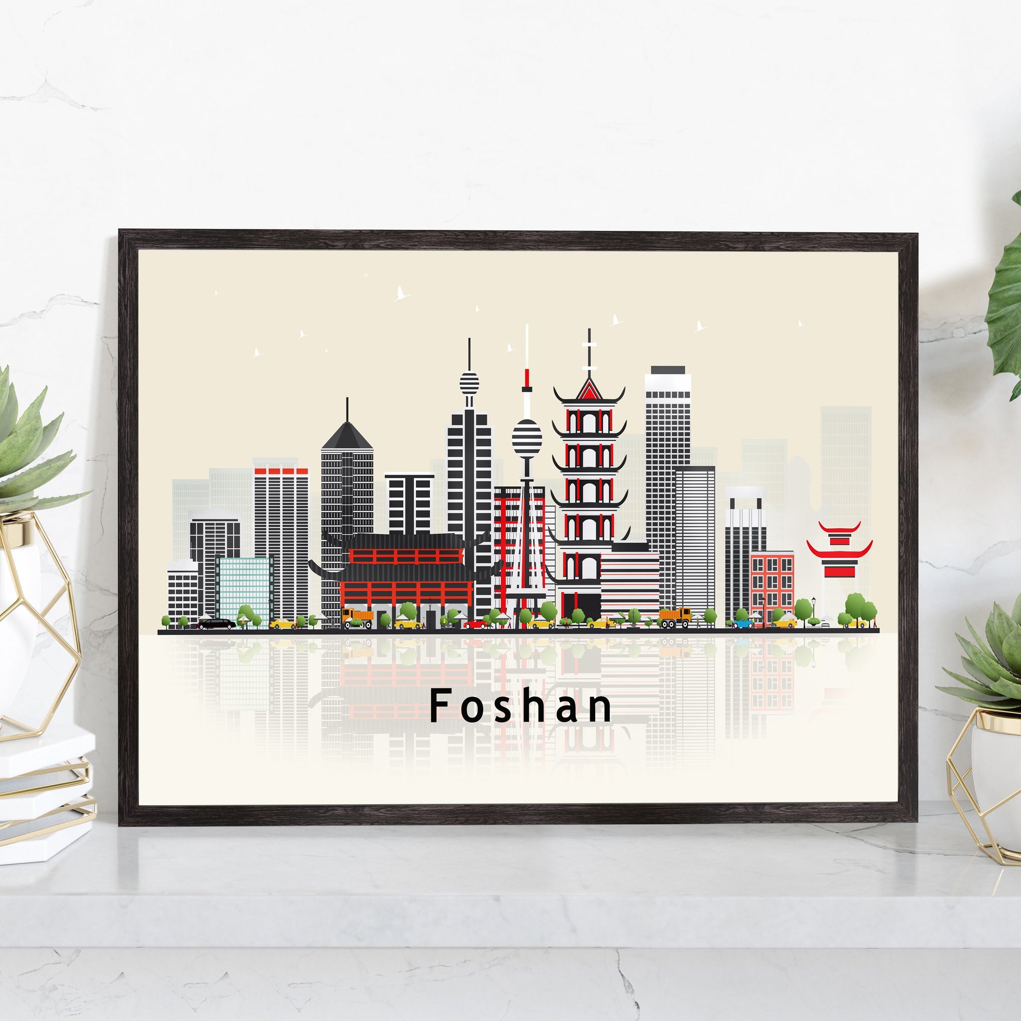 FOSHAN CHINA Illustration skyline poster, Modern skyline cityscape poster, China city skyline landmark map poster, Home wall decoration