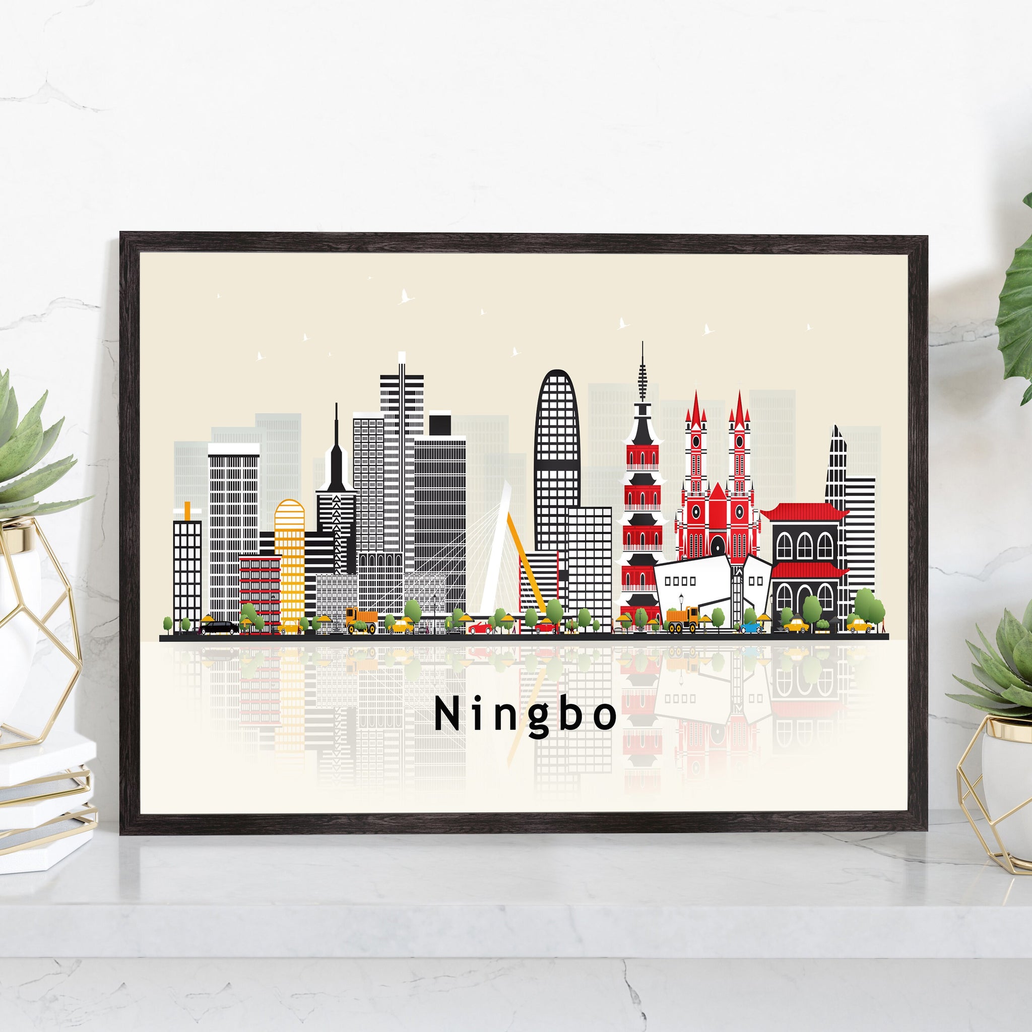 NINGBO CHINA Illustration skyline poster, Modern skyline cityscape poster, China city skyline landmark map poster, Home wall decoration