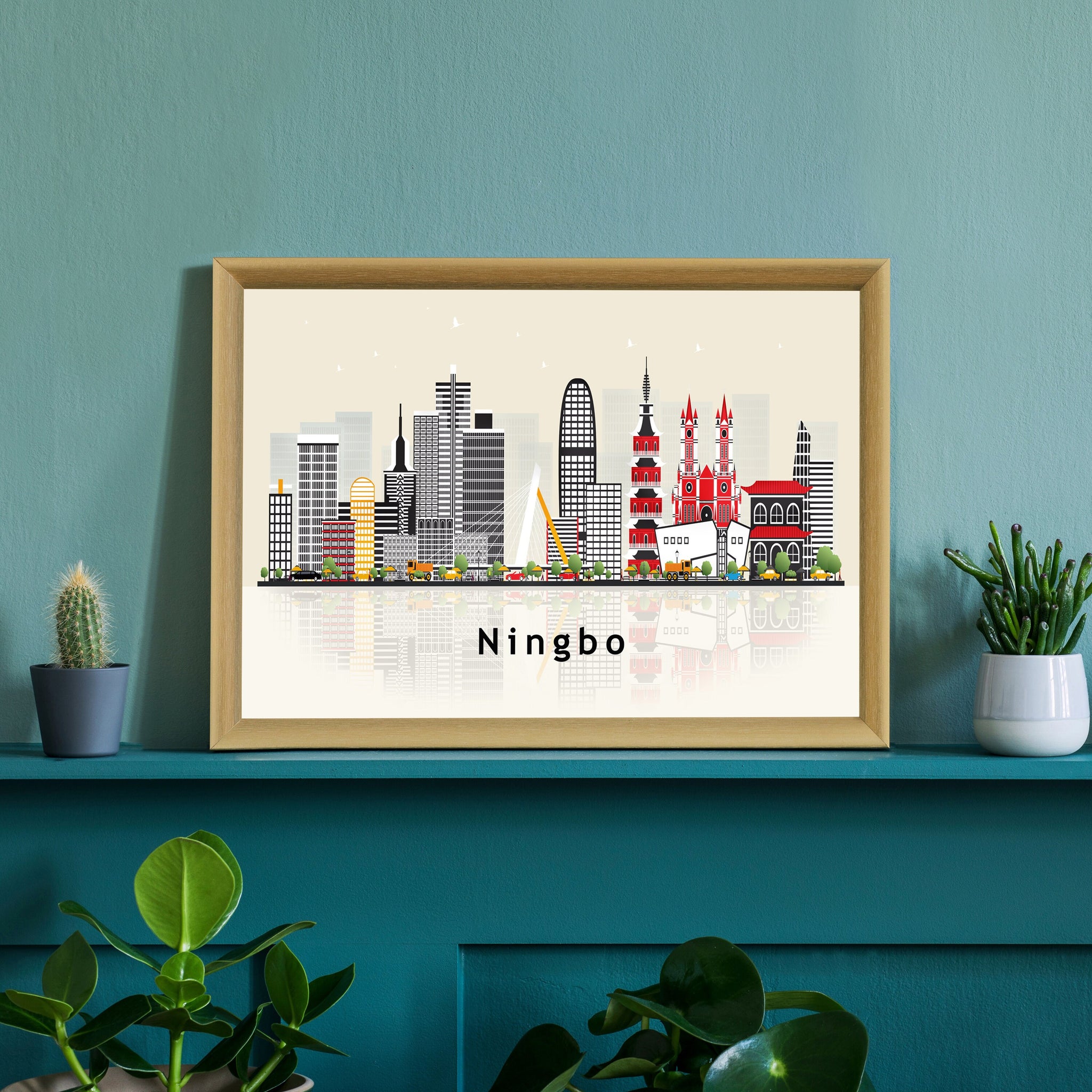 NINGBO CHINA Illustration skyline poster, Modern skyline cityscape poster, China city skyline landmark map poster, Home wall decoration