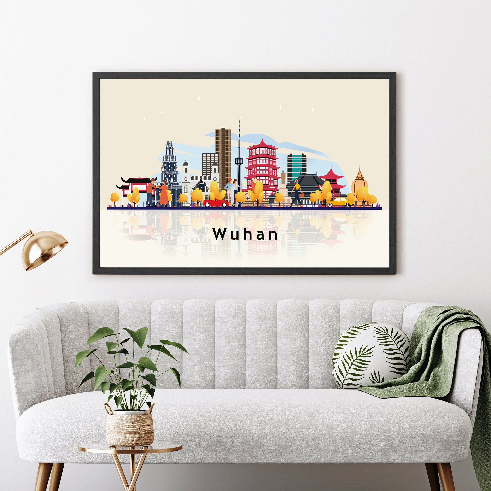 WUHAN CHINA Illustration skyline poster, Modern skyline cityscape poster, China city skyline landmark map poster, Home wall decoration