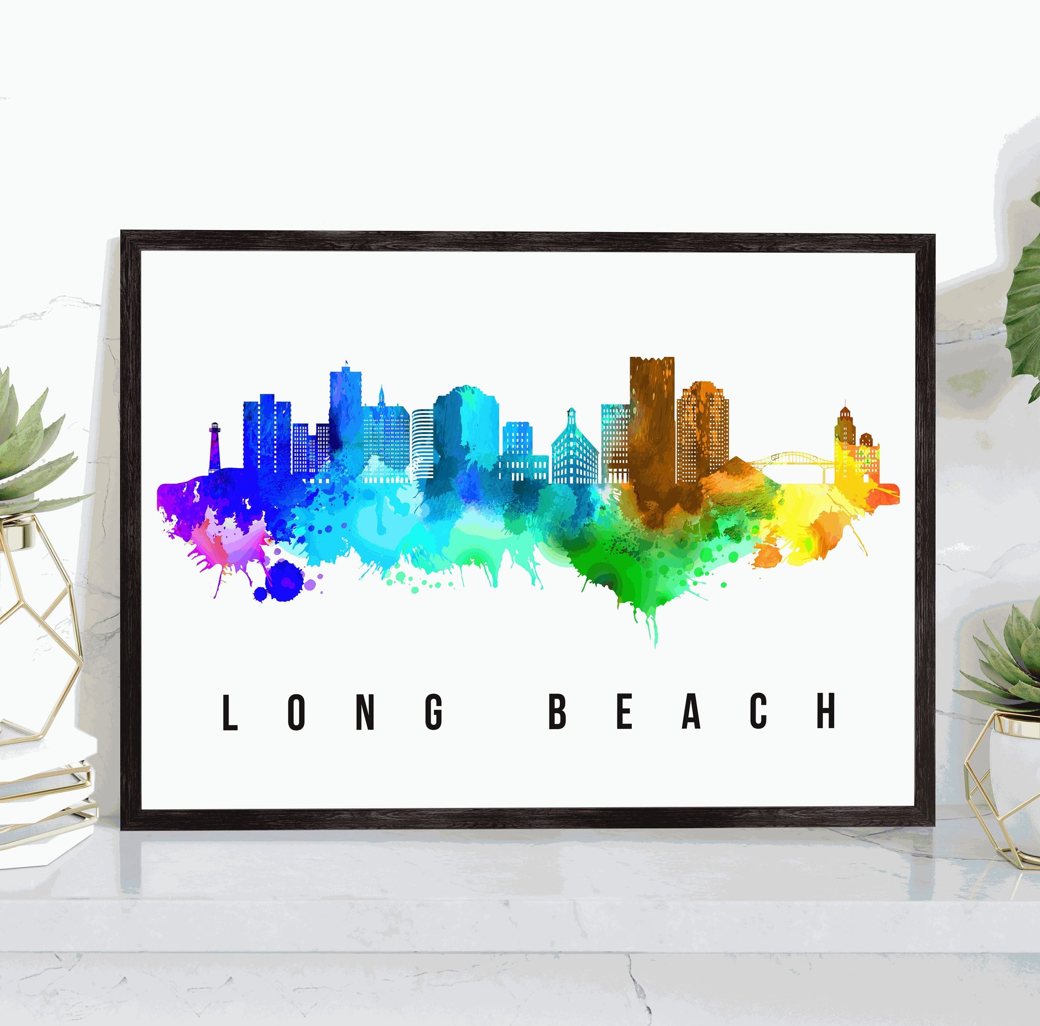 Long Beach Skyline California Poster, California Cityscape Painting, Long beach California Poster, Cityscape and Landmark Print, Wall Art