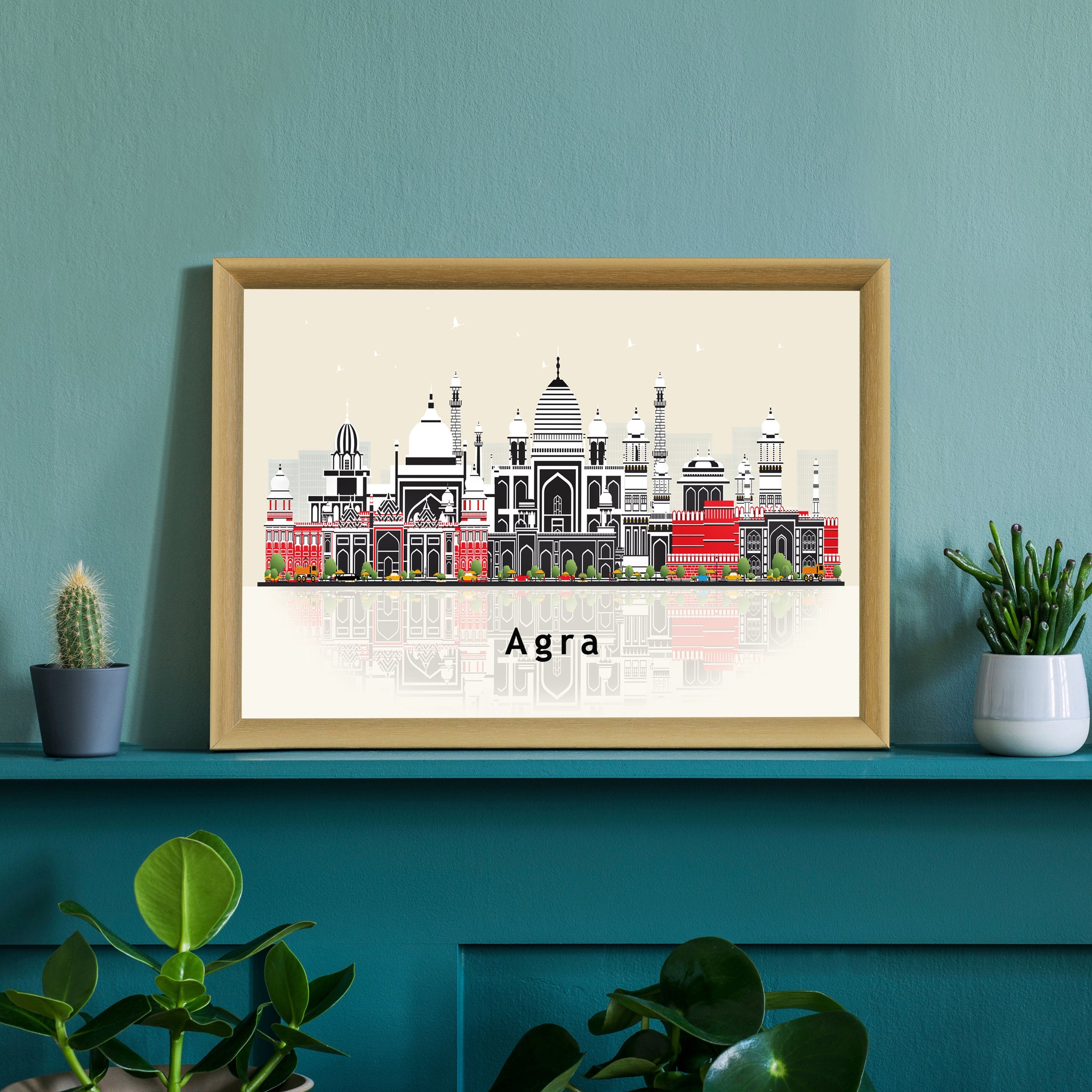 AGRA INDIA Illustration skyline poster, Modern skyline cityscape poster, Agra city India skyline landmark map poster, Home wall decoration