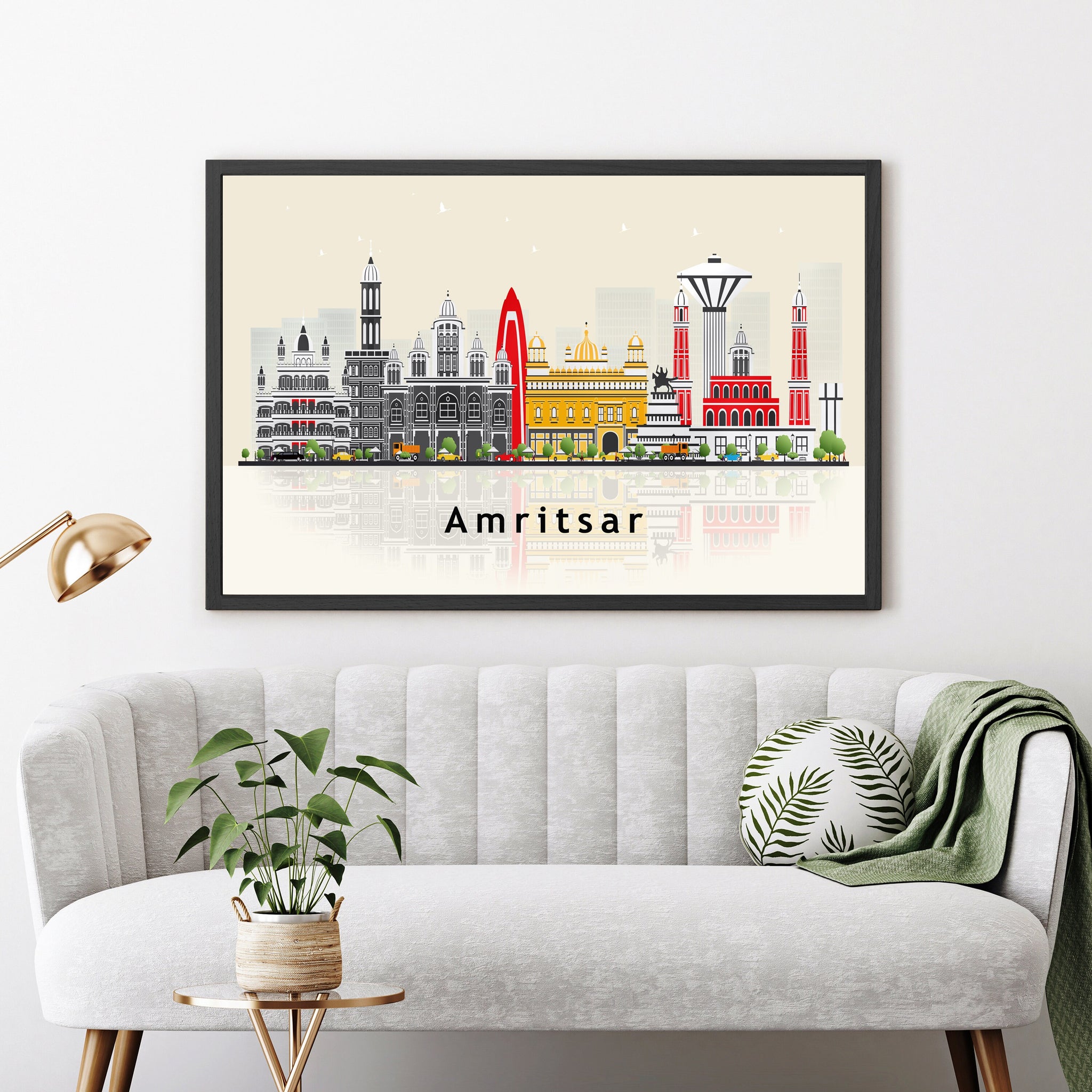 AMRITSAR INDIA Illustration skyline poster, Modern skyline cityscape poster, India city skyline landmark map poster, Home wall decoration