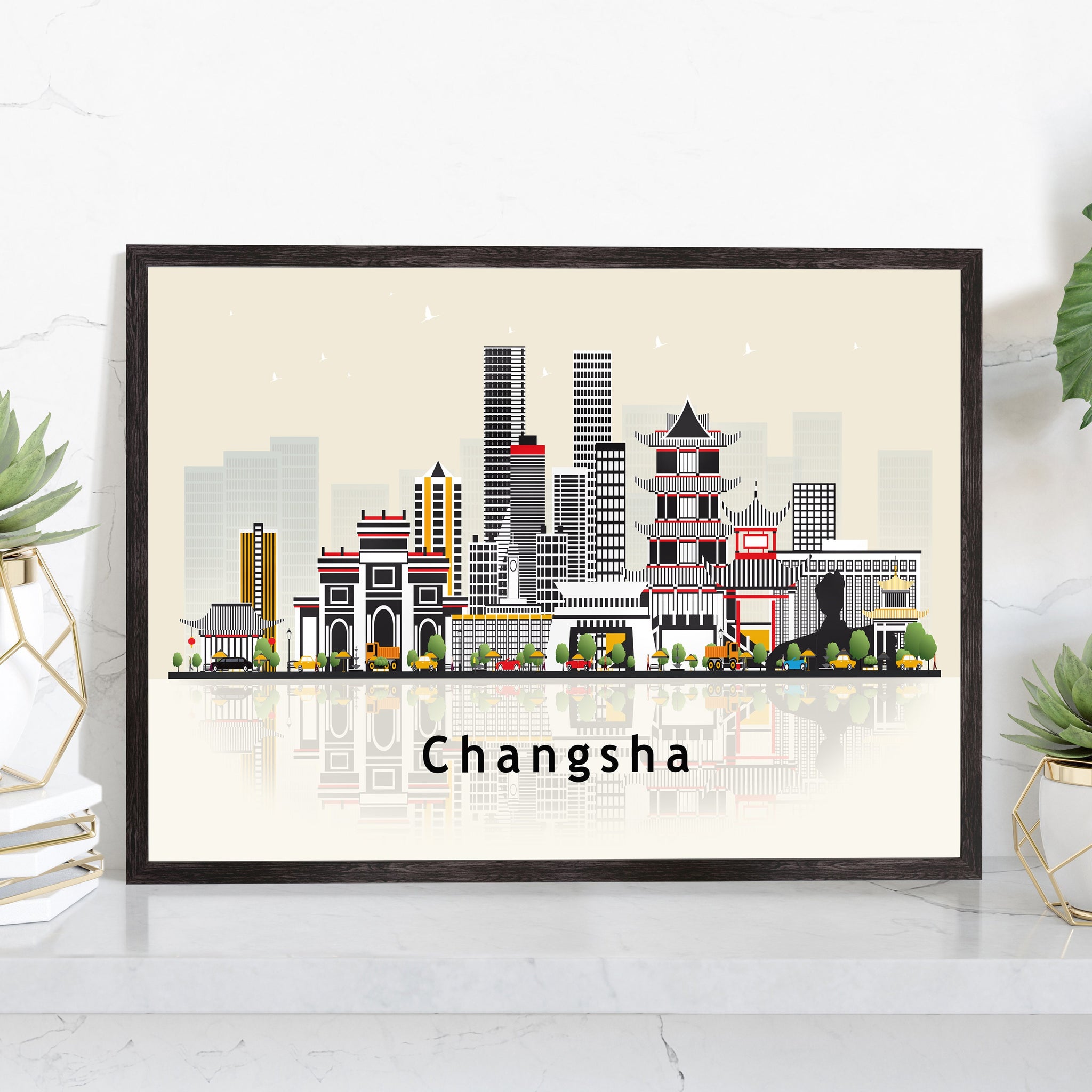 CHANGSHA CHINA Illustration skyline poster, Modern skyline cityscape poster, China city skyline landmark map poster, Home wall decoration
