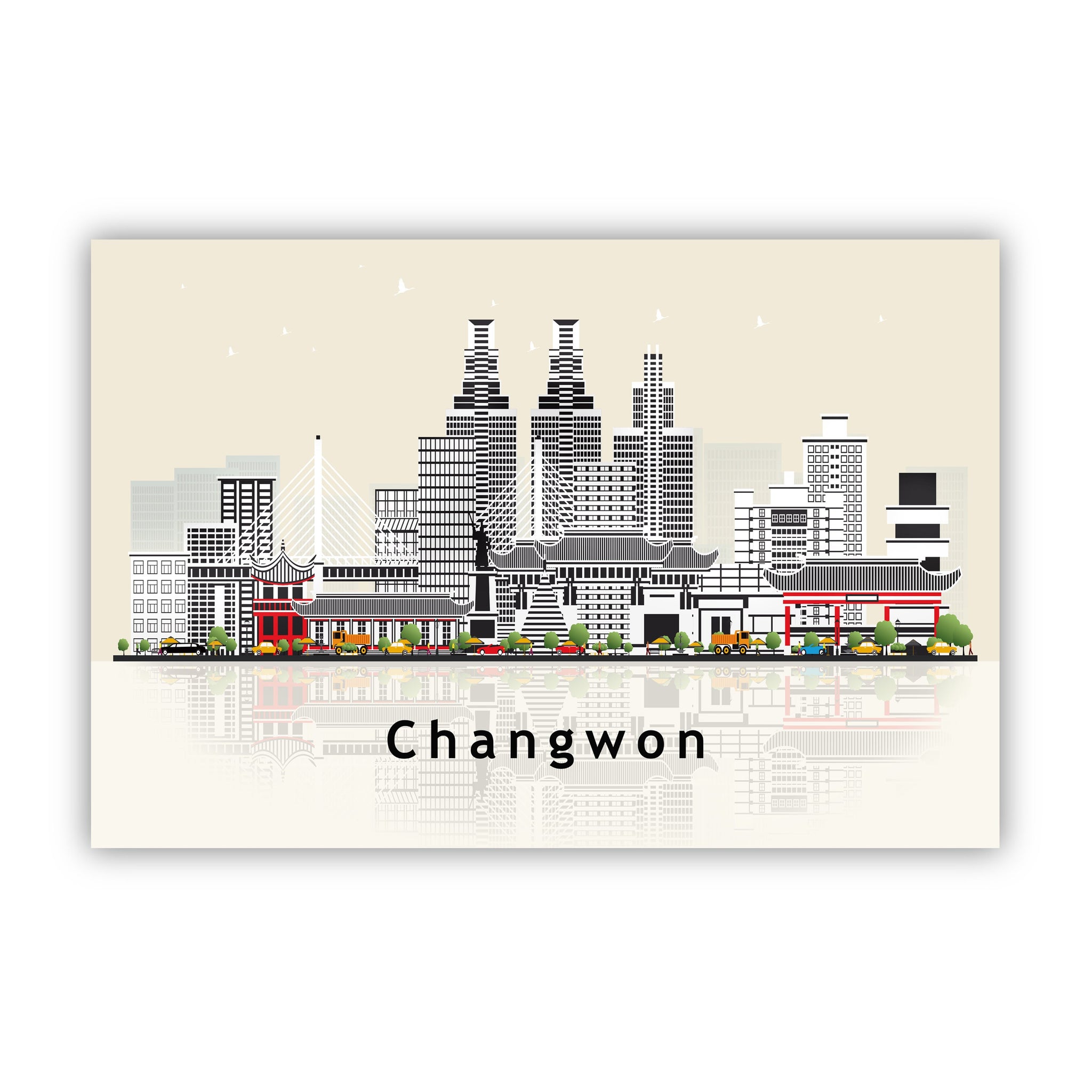 CHANGWON CHINA Illustration skyline poster, Modern skyline cityscape poster, China city skyline landmark map poster, Home wall decoration