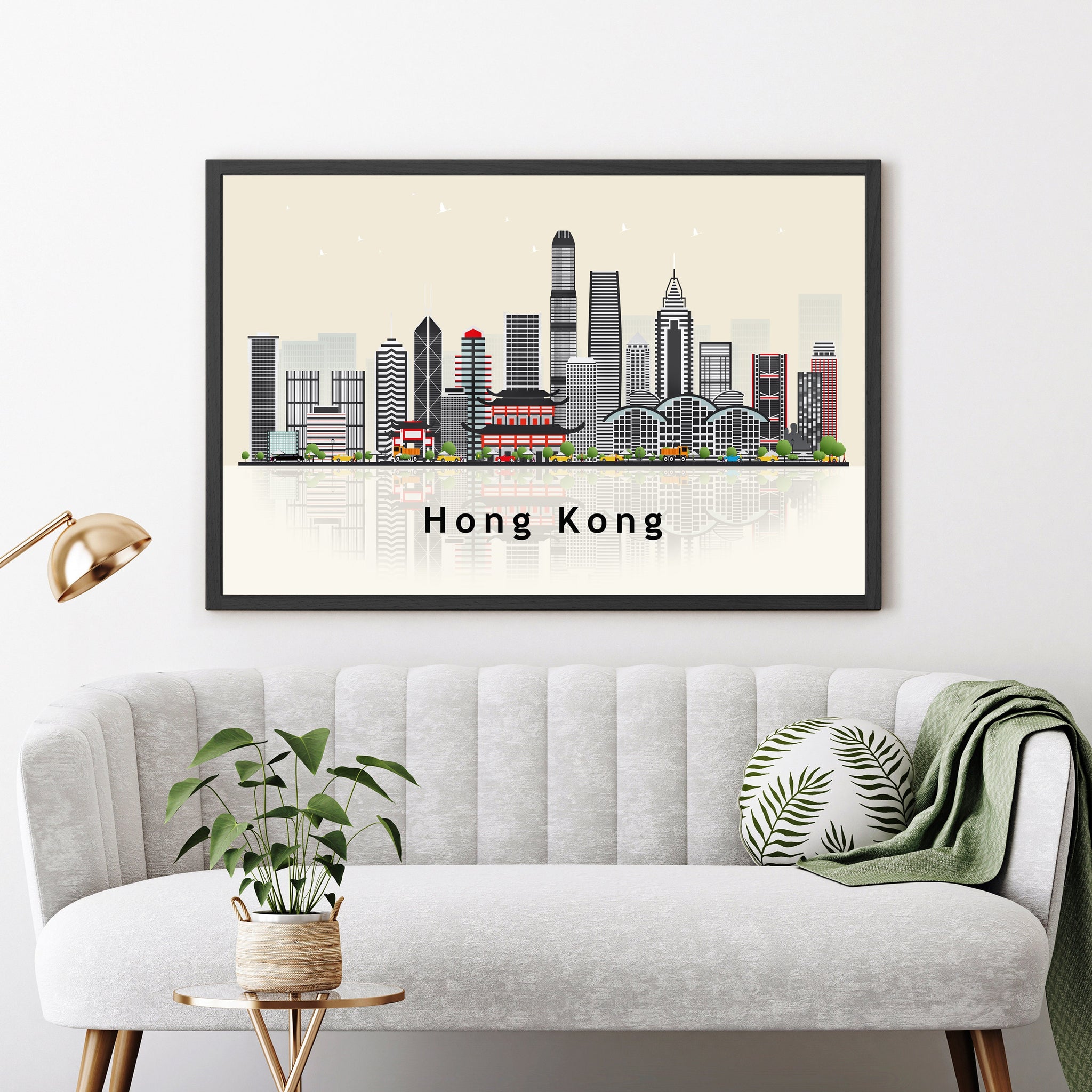 HONG KONG Illustration skyline poster, Modern skyline cityscape poster, Hong Kong skyline landmark map poster, Home wall decoration