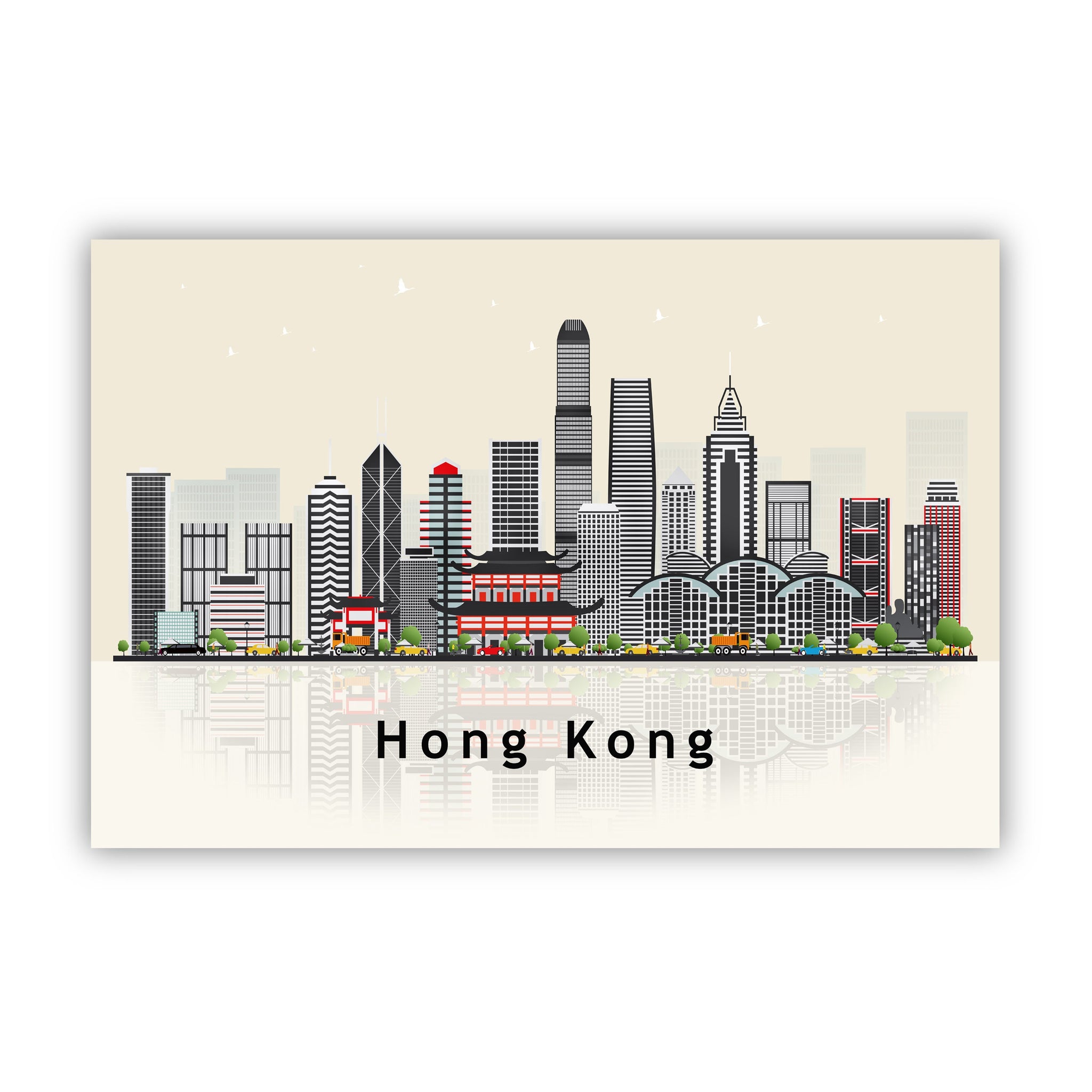 HONG KONG Illustration skyline poster, Modern skyline cityscape poster, Hong Kong skyline landmark map poster, Home wall decoration