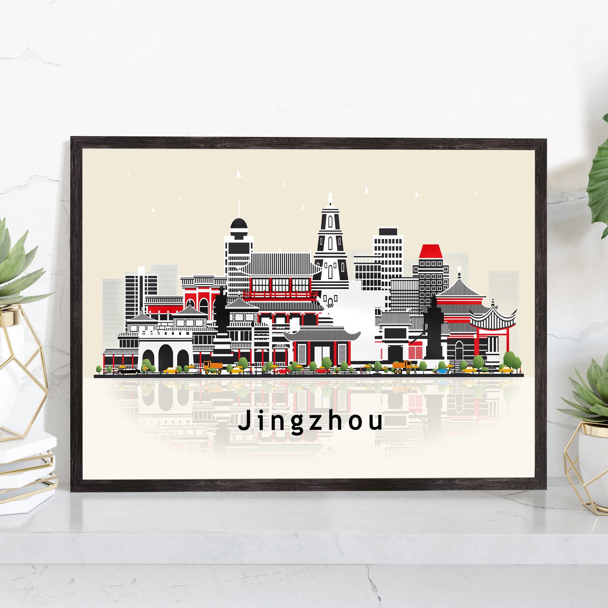 JINGZHOU CHINA Illustration skyline poster, Modern skyline cityscape poster, China city skyline landmark map poster, Home wall decoration