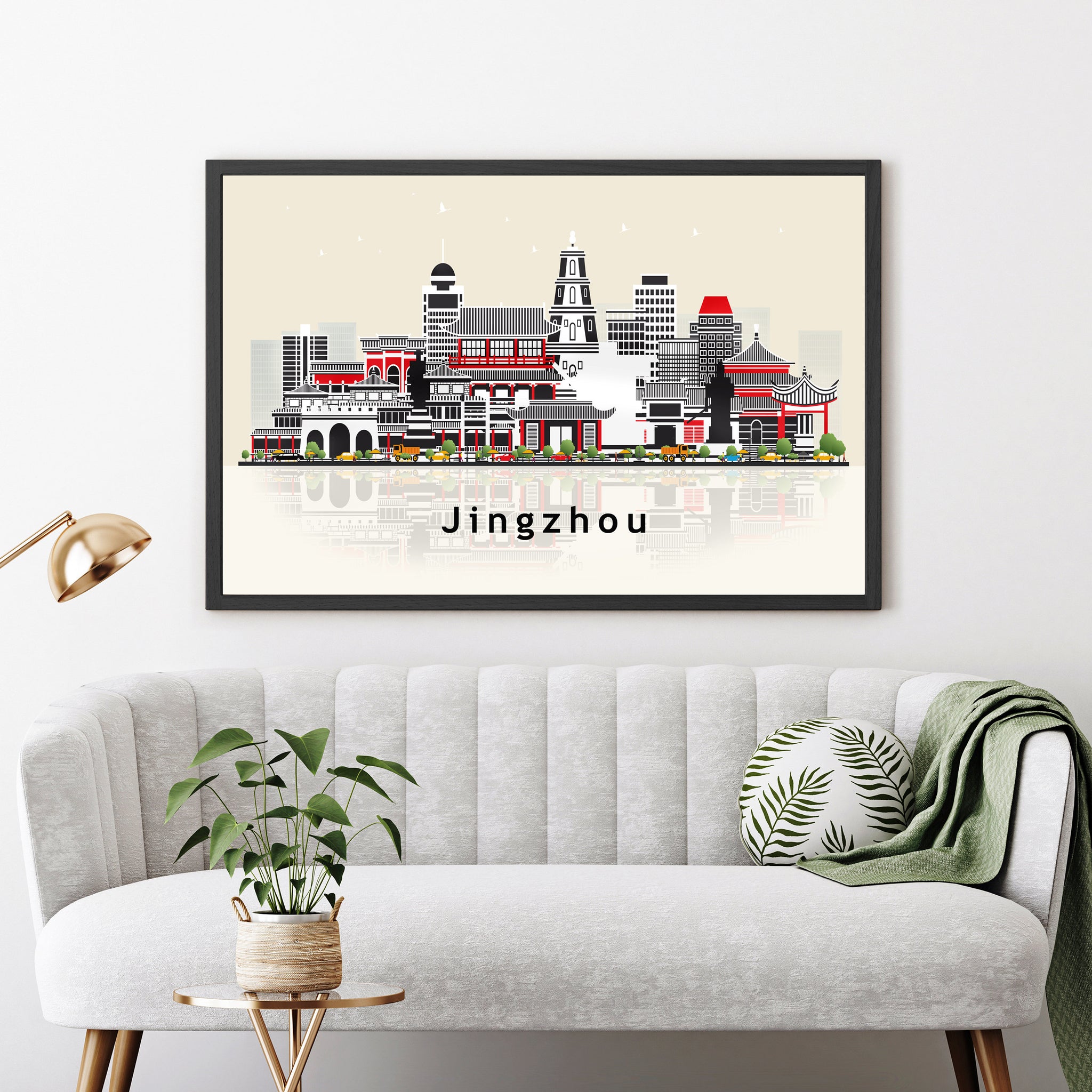JINGZHOU CHINA Illustration skyline poster, Modern skyline cityscape poster, China city skyline landmark map poster, Home wall decoration