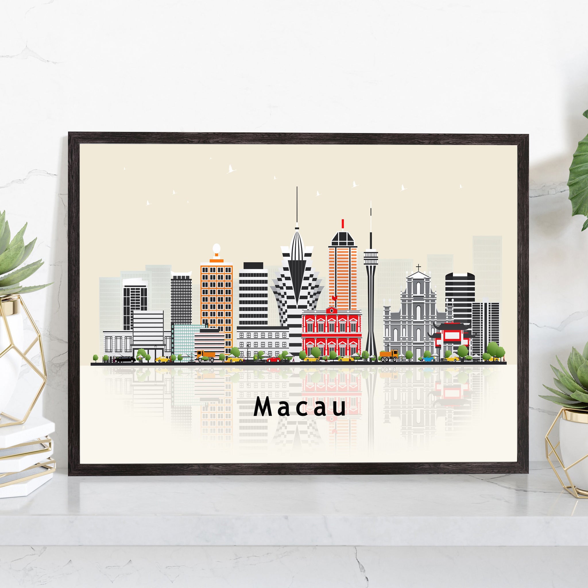 MACAU CHINA Illustration skyline poster, Modern skyline cityscape poster, China city skyline landmark map poster, Home wall decoration