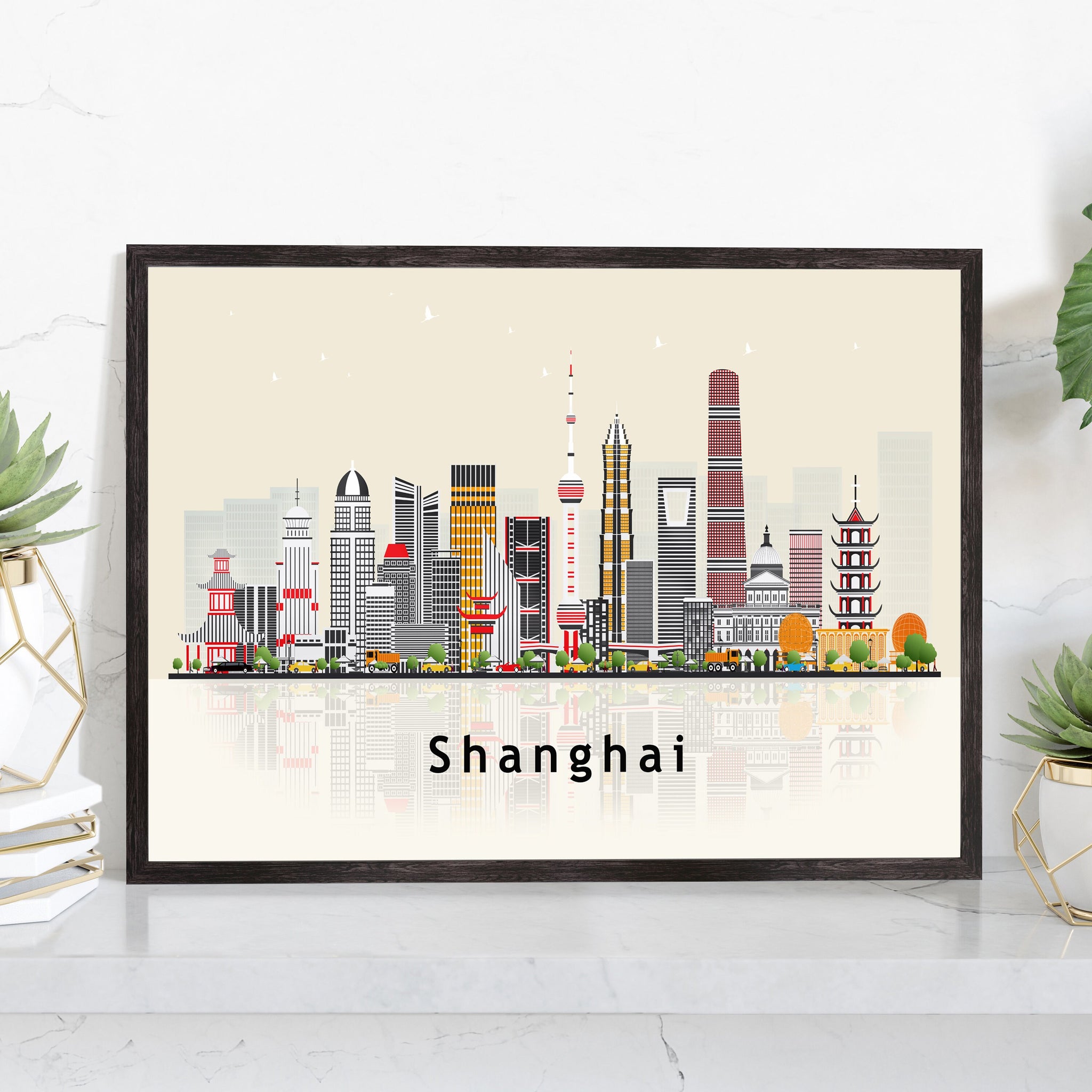 SHANGHAI CHINA Illustration skyline poster, Modern skyline cityscape poster, China city skyline landmark map poster, Home wall decoration