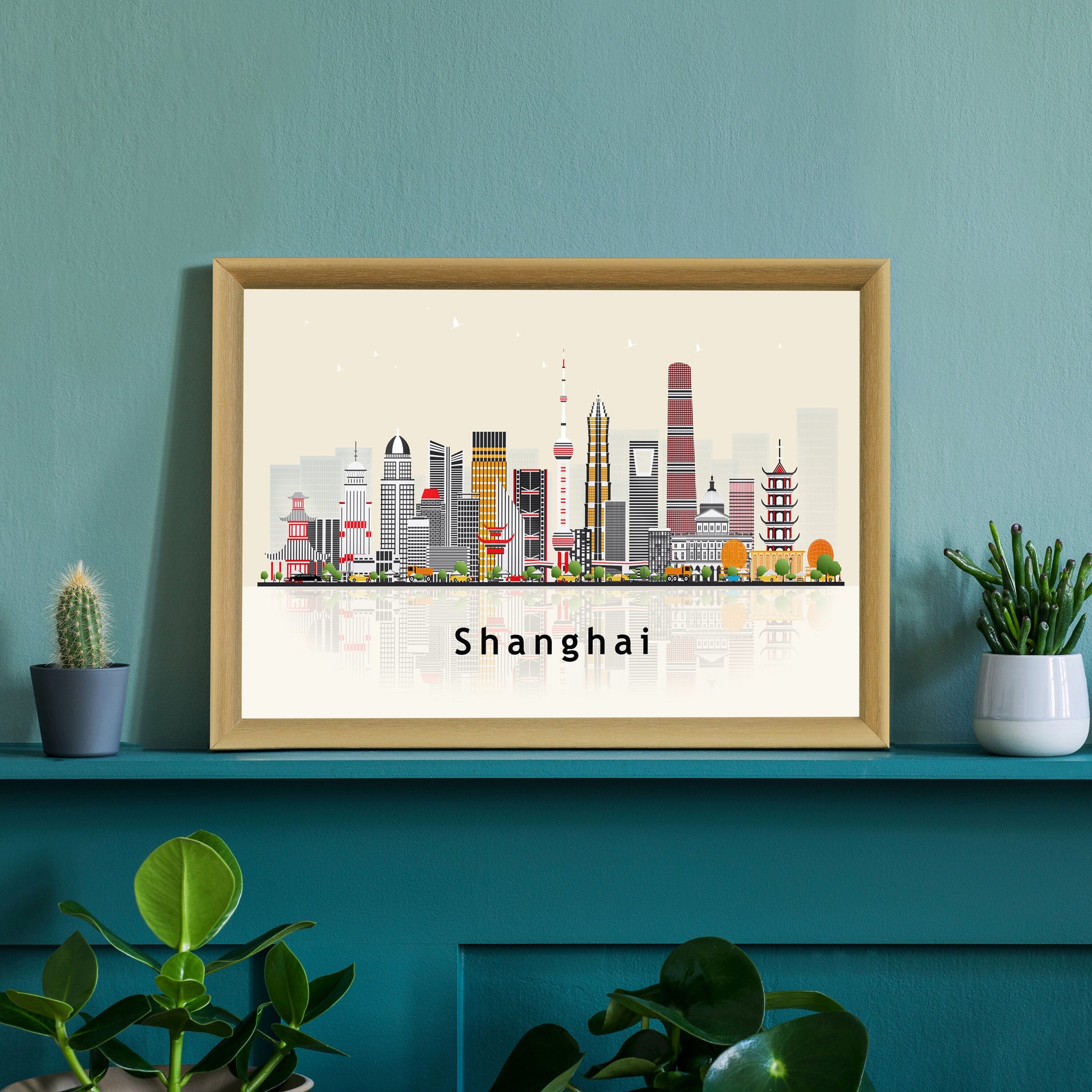 SHANGHAI CHINA Illustration skyline poster, Modern skyline cityscape poster, China city skyline landmark map poster, Home wall decoration