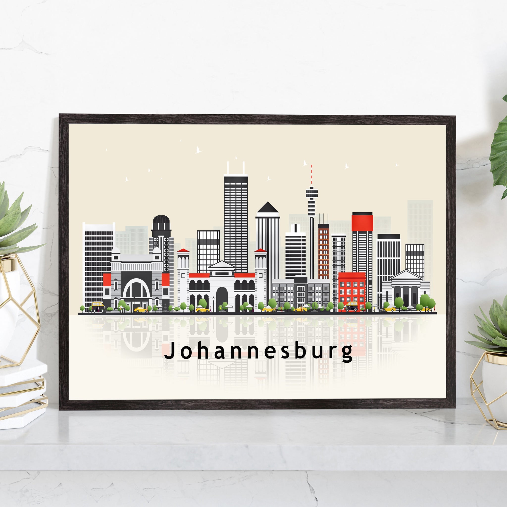 JOHANNESBURG Illustration skyline poster, Modern skyline cityscape poster, South Africa skyline landmark map poster, Home wall decoration