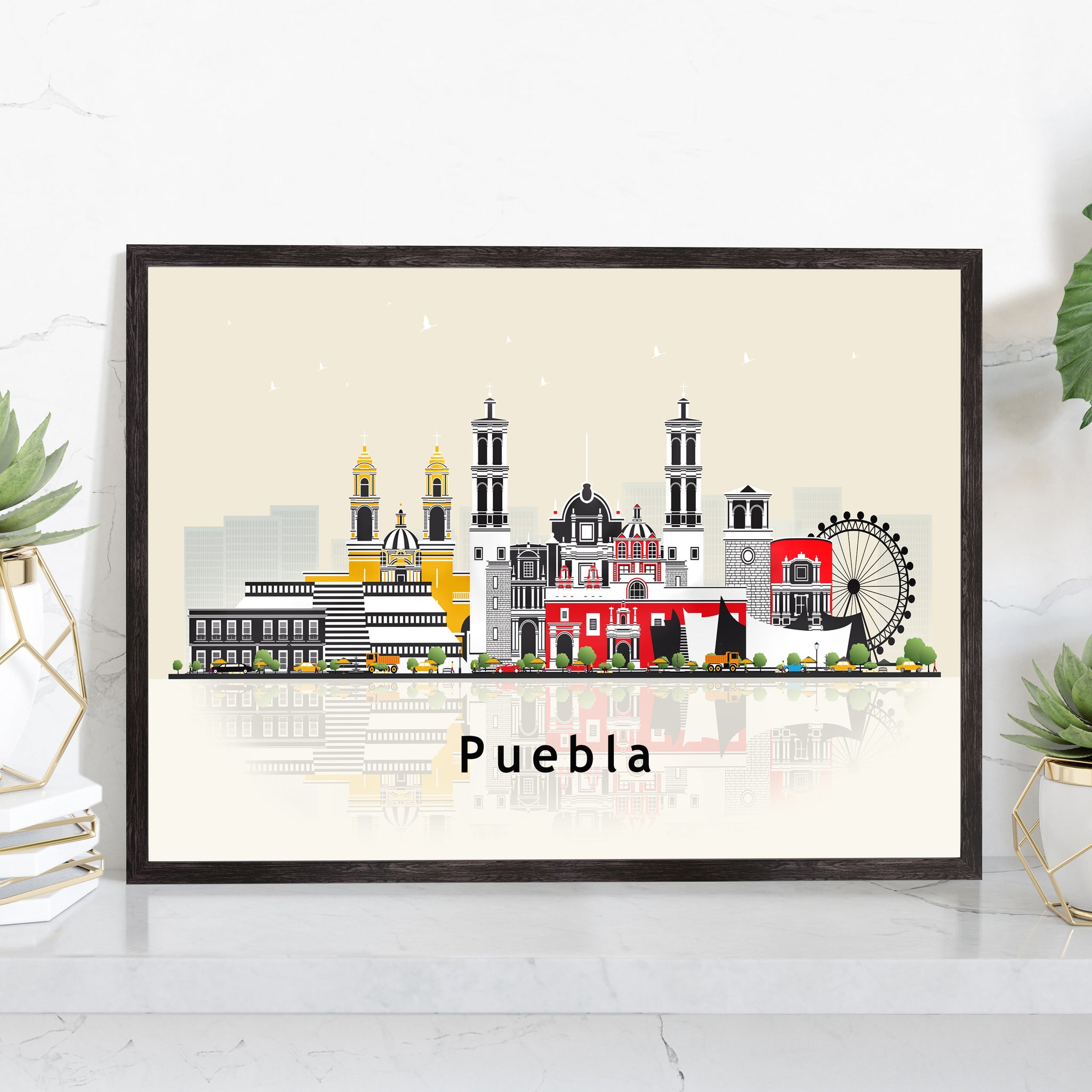 PUEBLA MEXICO Illustration skyline poster, Modern skyline cityscape poster, Puebla city skyline landmark map poster, Home wall decoration