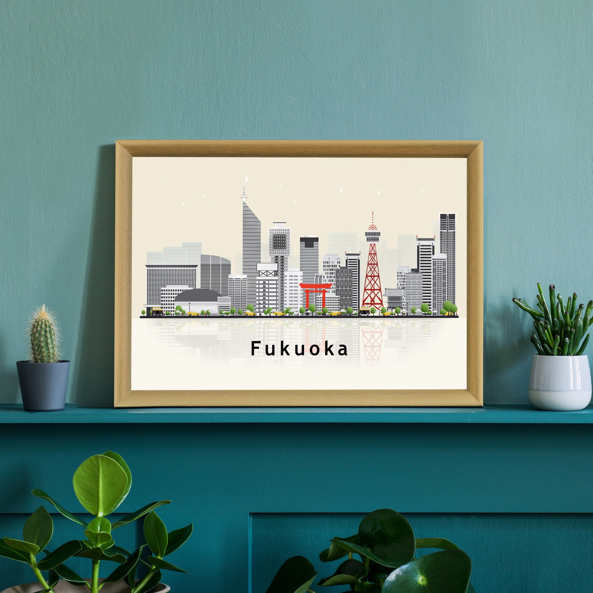 FUKUOKA JAPAN Illustration skyline poster, Modern skyline cityscape poster, Japan Fukuoka city skyline landmark map poster, Home wall art