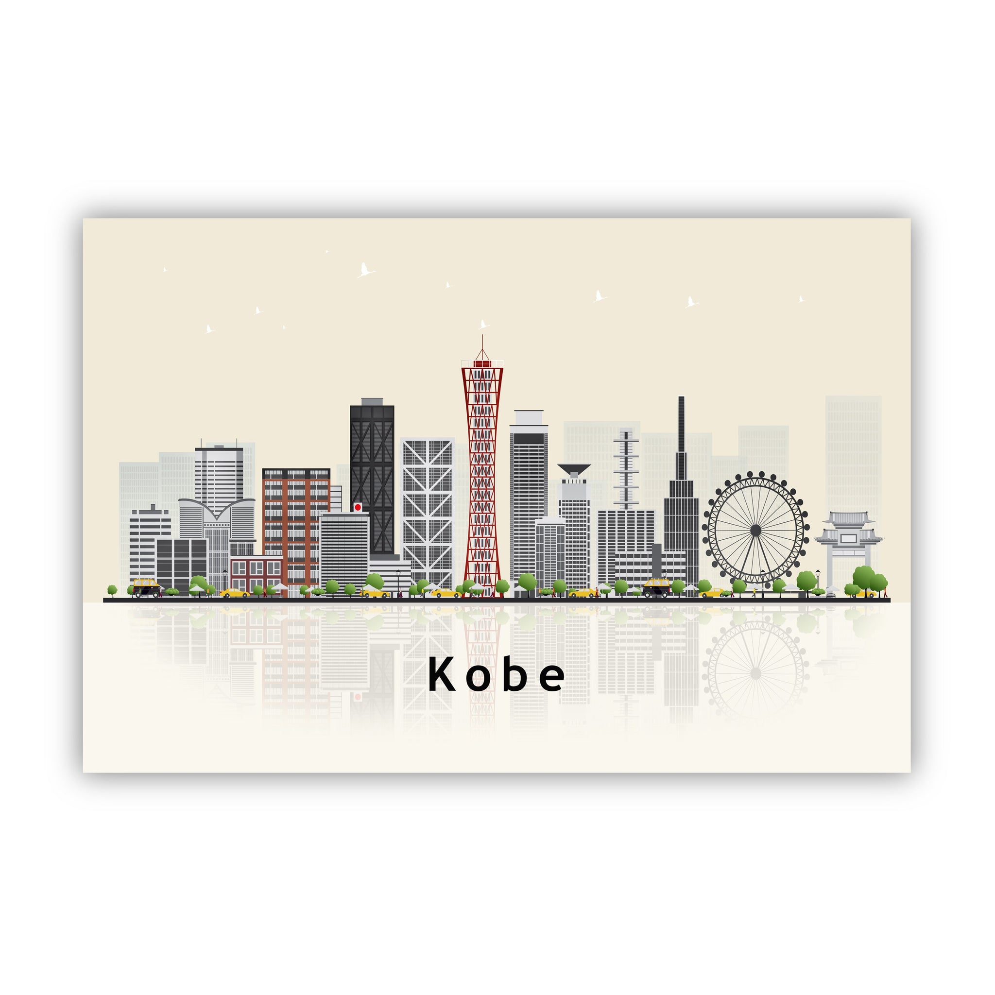 KOBE JAPAN Illustration skyline poster, Modern skyline cityscape poster, Kobe Japan city skyline landmark map poster, Home wall decorations