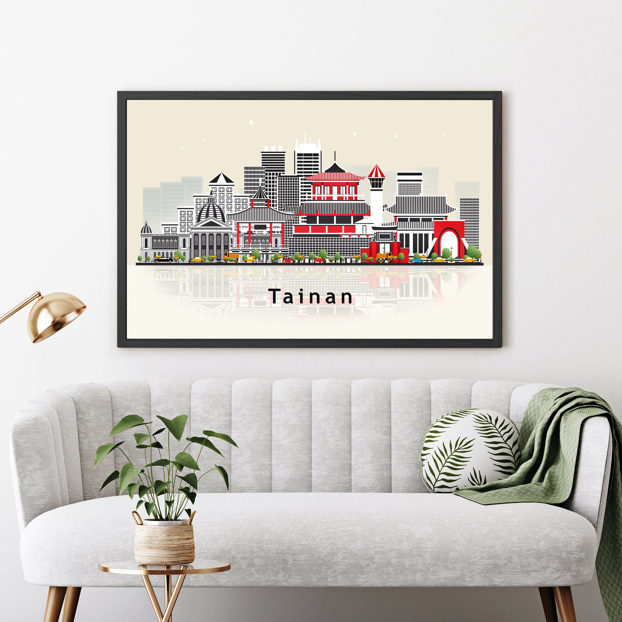 TAINAN TAIWAN Illustration skyline poster, Modern skyline cityscape poster, Tainan city skyline landmark map poster, Home wall decorations
