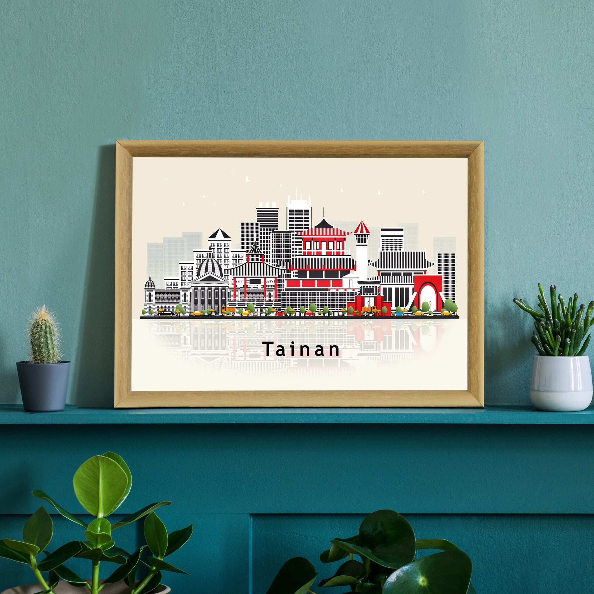 TAINAN TAIWAN Illustration skyline poster, Modern skyline cityscape poster, Tainan city skyline landmark map poster, Home wall decorations