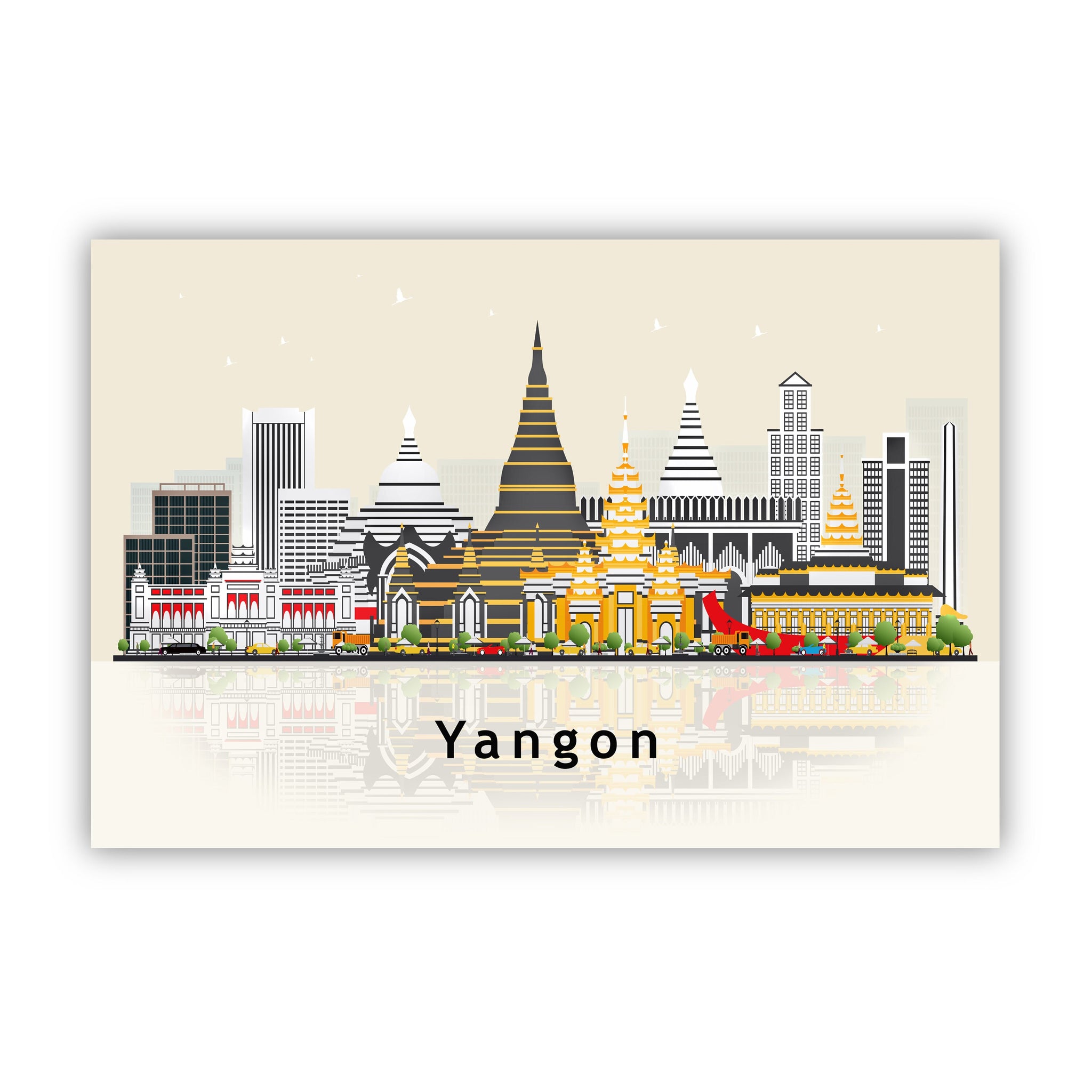 YANGON MYANMAR Illustration skyline poster, Modern skyline cityscape poster, Yangon city skyline landmark map poster, Home wall art