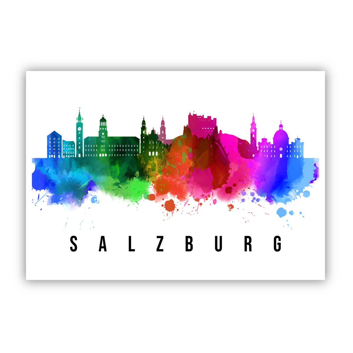 Pera Print Salzburg skyline posters, Salzburg Austria poster, Illustration skyline world city poster, Cityscape landmark print, Wall art
