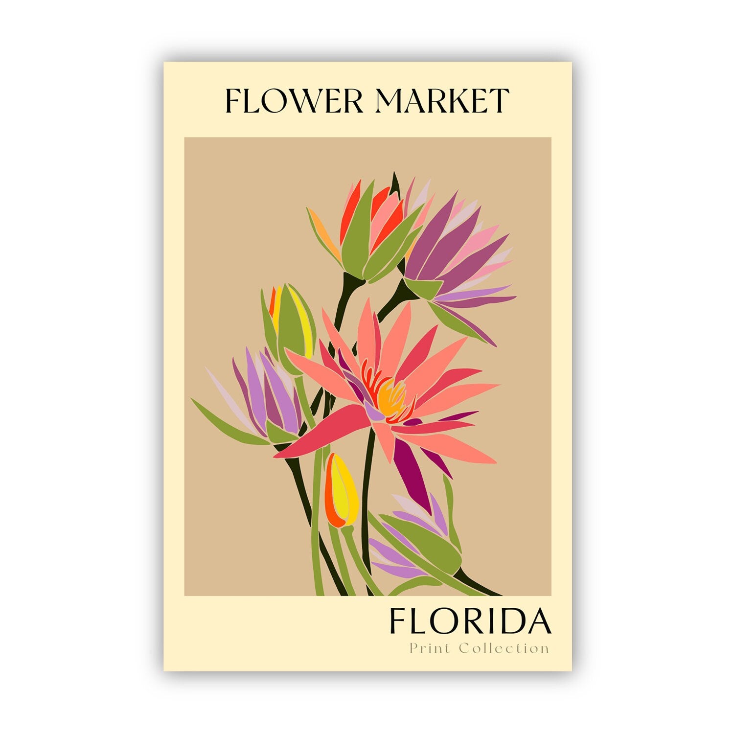 Florida State flower print, USA states poster, Florida flower market poster, Botanical posters, Nature poster artwork, Boho floral wall art