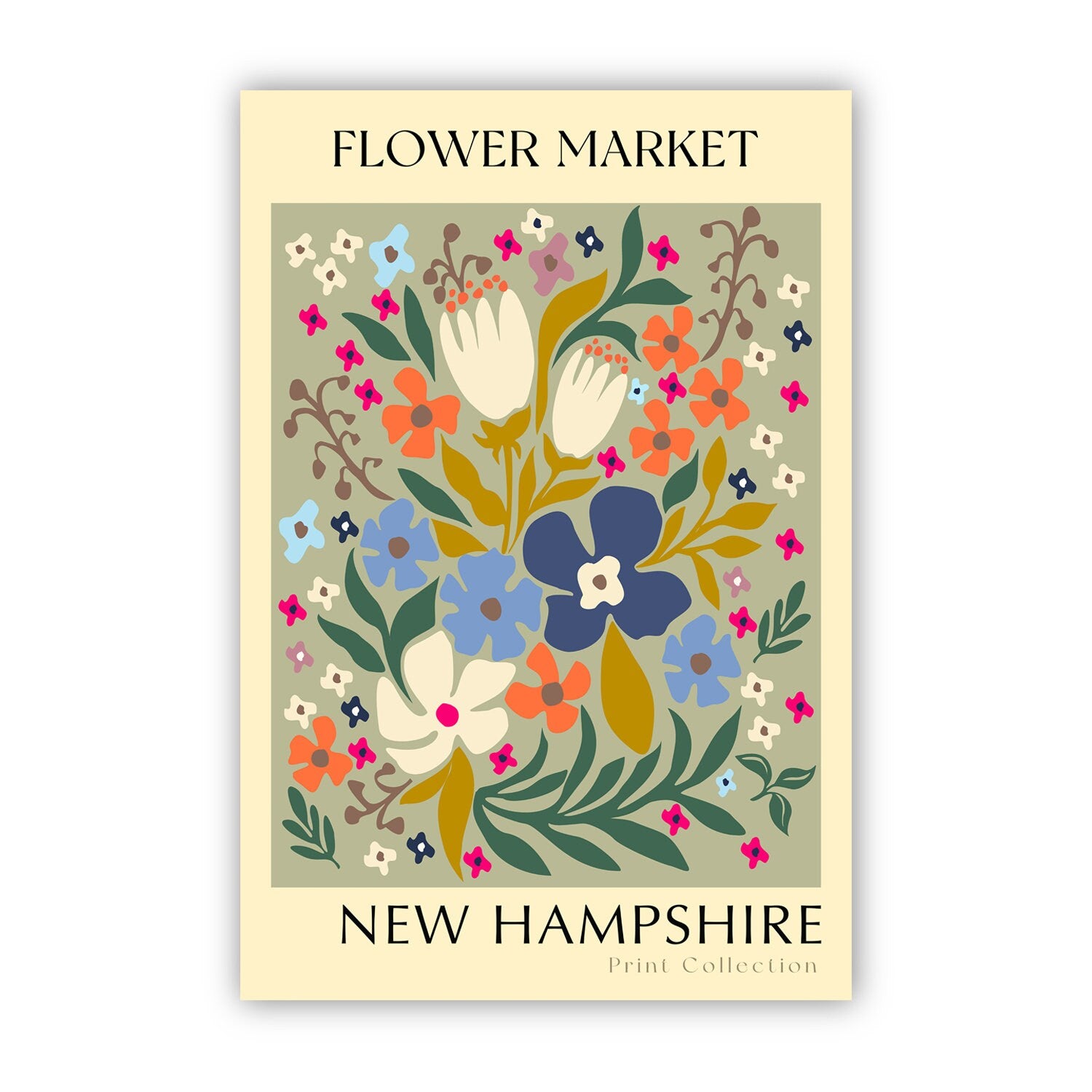 New Hampshire State flower print, USA states poster, New Hampshire flower market poster, Botanical posters, Nature poster, Floral wall art